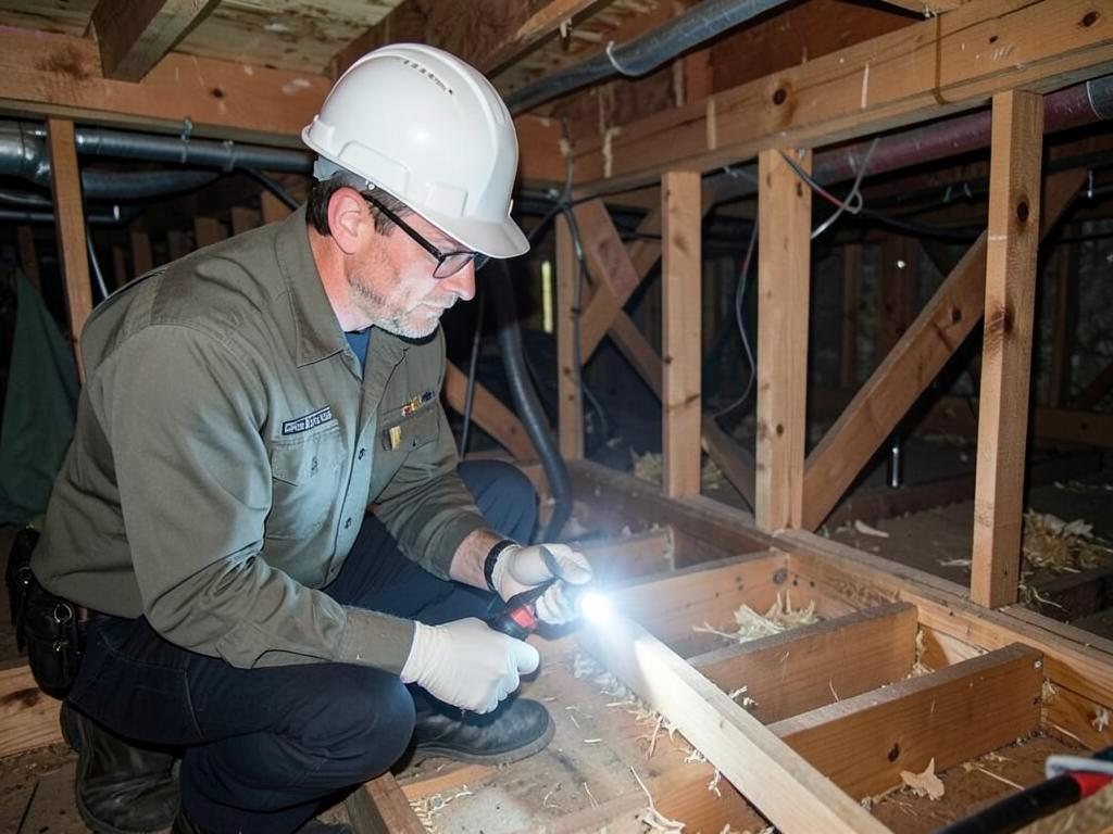 Inspector checking wood framing for termite damage with a flashlight